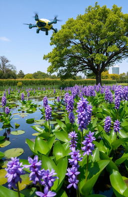 A serene pond filled with lush Water Hyacinth flowers in full bloom, their vibrant purple and green hues casting reflections on the water's surface