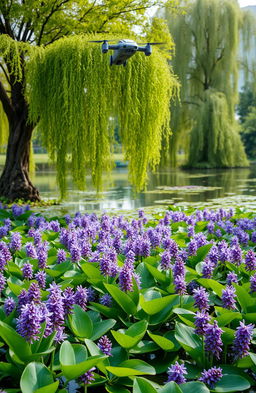 A serene pond filled with lush Water Hyacinth flowers in full bloom, their vibrant purple and green hues casting reflections on the water's surface