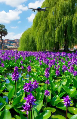 A serene pond filled with lush Water Hyacinth flowers in full bloom, their vibrant purple and green hues casting reflections on the water's surface