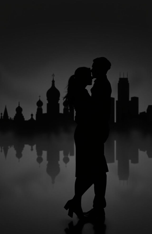 A dark, shadowed silhouette of a man and woman standing closely together, the man protectively holding the woman