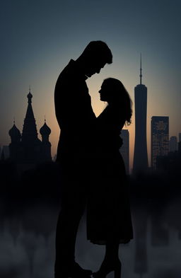 A dark, shadowed silhouette of a man and woman standing closely together, the man protectively holding the woman
