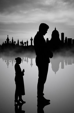 A dark, shadowed silhouette of a man and woman standing closely together, the man protectively holding the woman