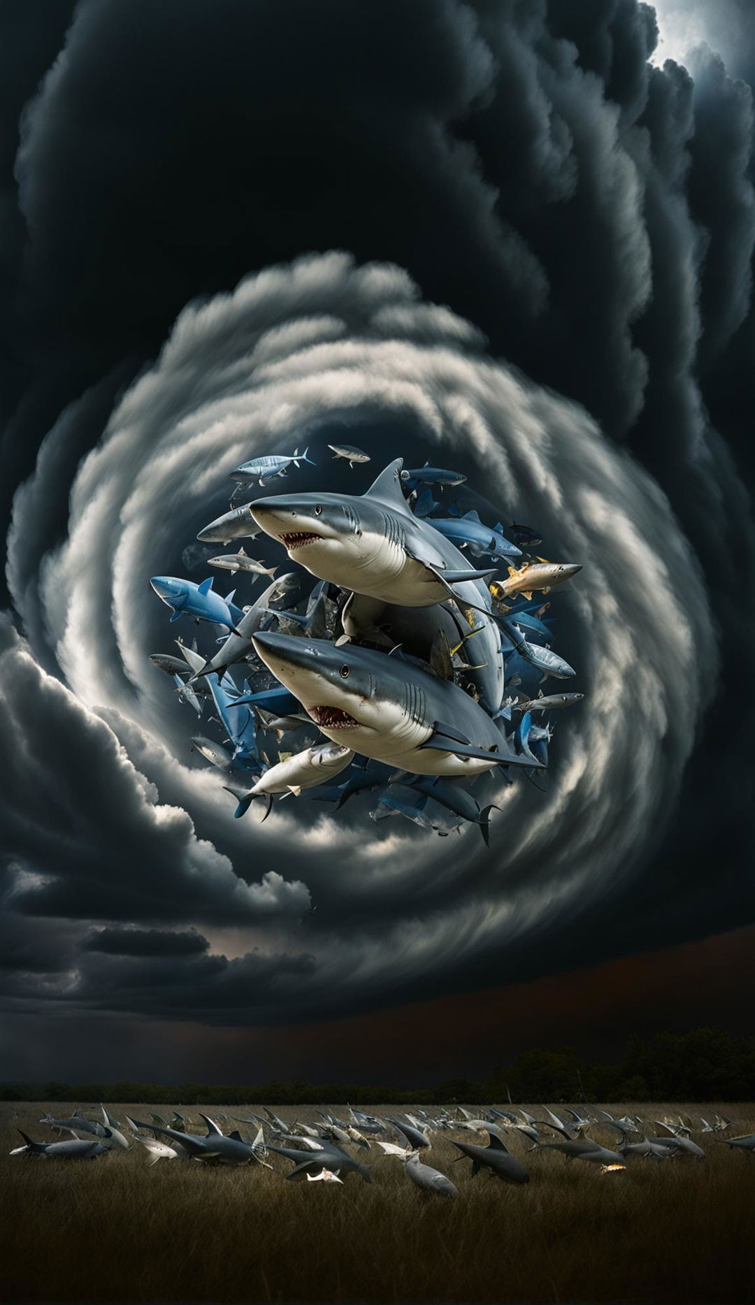 A Sharknado in Oklahoma, USA against a dark sky, with sharks swirling within the tornado, captured through a Pentax K-1 Mark II with a 15-30mm lens.