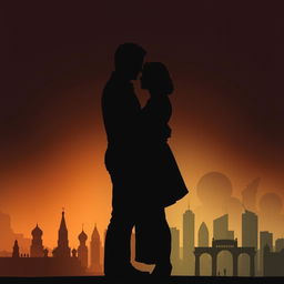 A dark, shadowed silhouette of a man and woman standing closely together, with the man protectively holding the woman