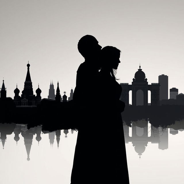 A dark, shadowed silhouette of a man and woman standing closely together, with the man protectively holding the woman