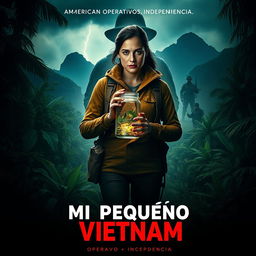 A cinematic poster for the movie titled 'Mi Pequeño Vietnam', set against the backdrop of the Argentinian dictatorship of 1975