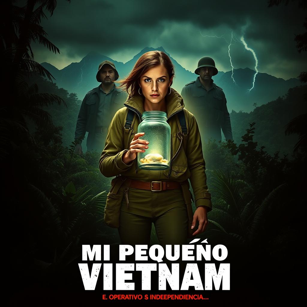 A cinematic poster for the movie titled 'Mi Pequeño Vietnam', set against the backdrop of the Argentinian dictatorship of 1975