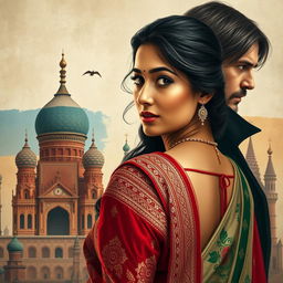 An Indian woman in traditional attire, beautifully detailed, gazing over her shoulder with an expression of intrigue