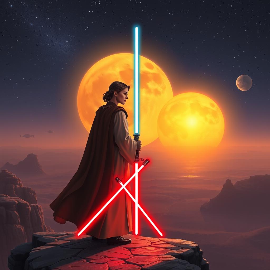 A romantic scene set in the Star Wars universe featuring two characters in love, a Jedi and a Sith, standing on a cliff overlooking the twin suns of Tatooine as the Force surrounds them, with lightsabers ignited but not in combat