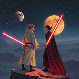 A romantic scene set in the Star Wars universe featuring two characters in love, a Jedi and a Sith, standing on a cliff overlooking the twin suns of Tatooine as the Force surrounds them, with lightsabers ignited but not in combat