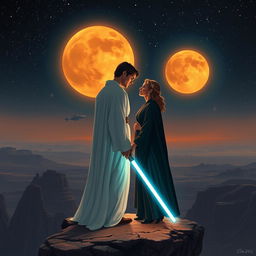 A romantic scene set in the Star Wars universe featuring two characters in love, a Jedi and a Sith, standing on a cliff overlooking the twin suns of Tatooine as the Force surrounds them, with lightsabers ignited but not in combat
