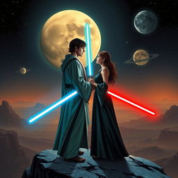 A romantic scene set in the Star Wars universe featuring two characters in love, a Jedi and a Sith, standing on a cliff overlooking the twin suns of Tatooine as the Force surrounds them, with lightsabers ignited but not in combat