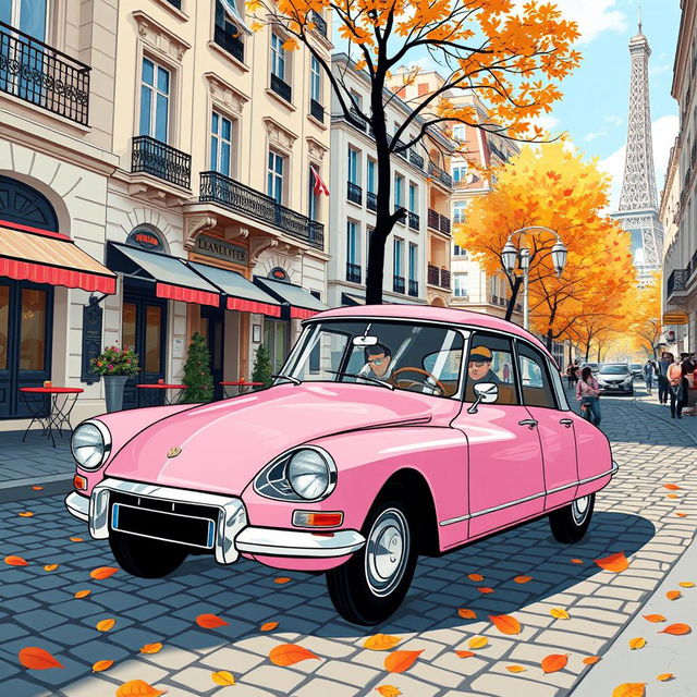 A charming illustration of a pink DS Pallas 21 gracefully navigating the picturesque streets of Paris