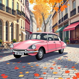 A charming illustration of a pink DS Pallas 21 gracefully navigating the picturesque streets of Paris
