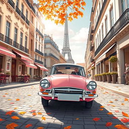 A charming illustration of a pink DS Pallas 21 gracefully navigating the picturesque streets of Paris