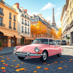 A charming illustration of a pink DS Pallas 21 gracefully navigating the picturesque streets of Paris