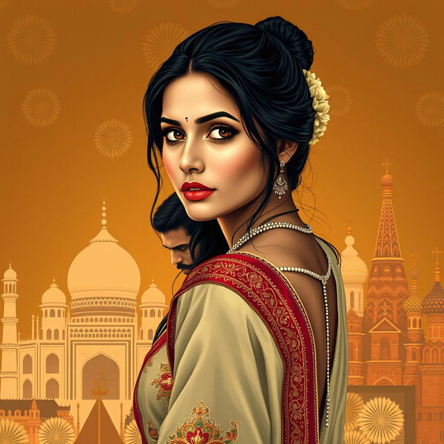 An Indian fair woman in traditional attire, beautifully detailed, gazing over her shoulder with a captivating expression