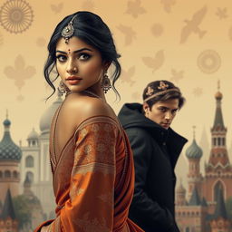 An Indian fair woman in traditional attire, exquisitely detailed, gazing over her shoulder with an enchanting expression
