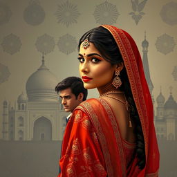 An Indian fair woman in traditional attire, exquisitely detailed, gazing over her shoulder with an enchanting expression