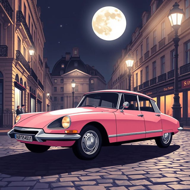 A captivating illustration of a pink DS Pallas 21 parked elegantly in the enchanting streets of Paris at night