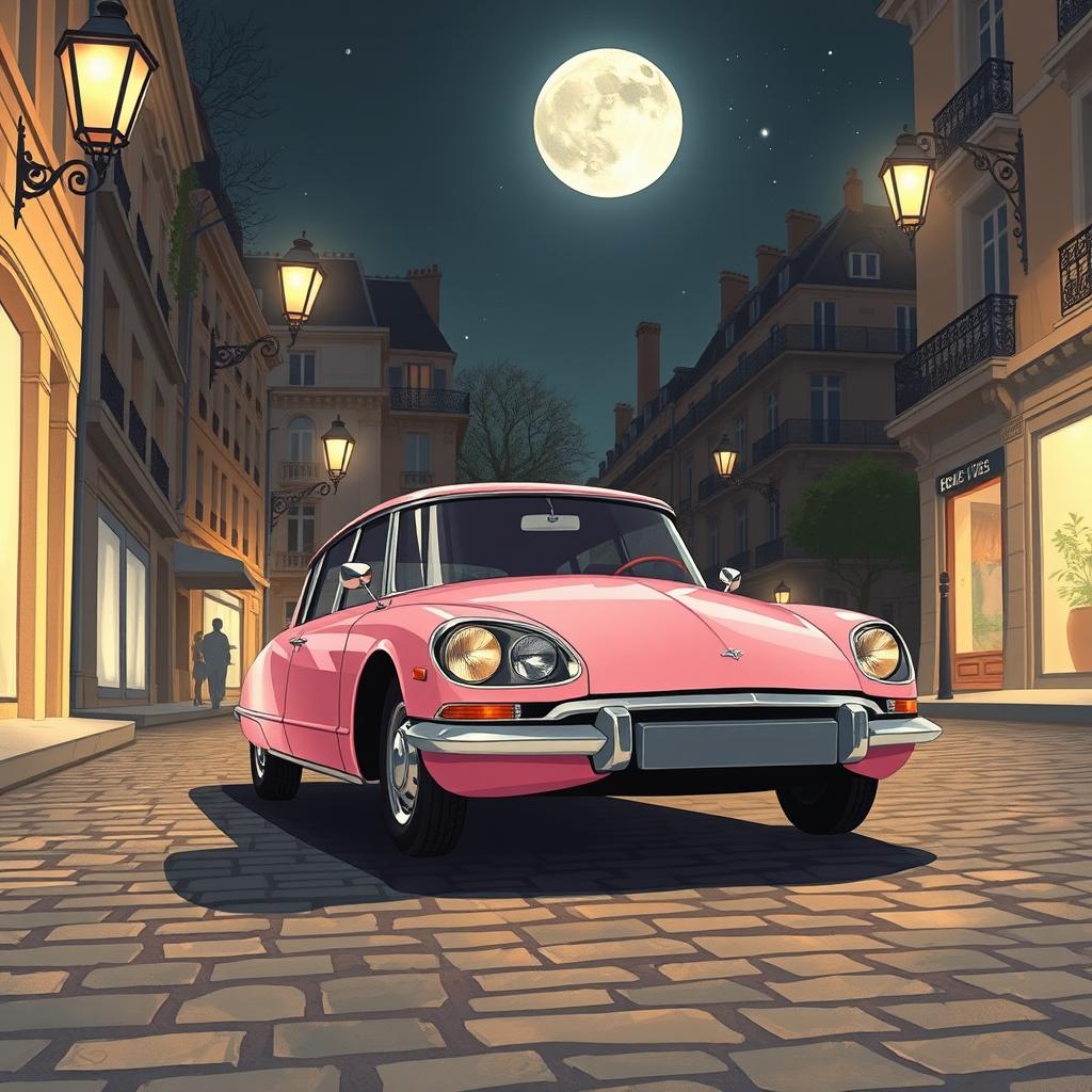 A captivating illustration of a pink DS Pallas 21 parked elegantly in the enchanting streets of Paris at night