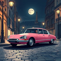 A captivating illustration of a pink DS Pallas 21 parked elegantly in the enchanting streets of Paris at night