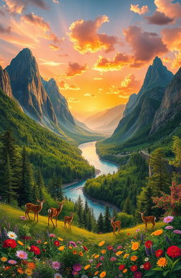 A stunning depiction of the world around us, showcasing a vibrant, lush landscape featuring diverse natural elements such as tall, majestic mountains, a serene river winding through a picturesque valley, and lush green forests rich with wildlife