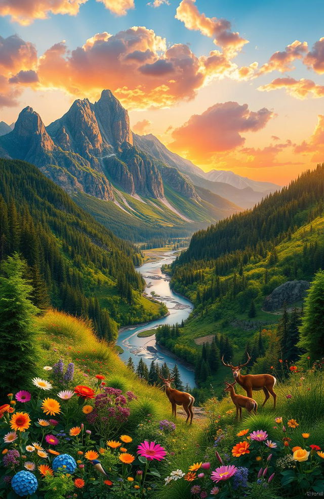 A stunning depiction of the world around us, showcasing a vibrant, lush landscape featuring diverse natural elements such as tall, majestic mountains, a serene river winding through a picturesque valley, and lush green forests rich with wildlife