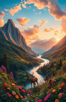 A stunning depiction of the world around us, showcasing a vibrant, lush landscape featuring diverse natural elements such as tall, majestic mountains, a serene river winding through a picturesque valley, and lush green forests rich with wildlife