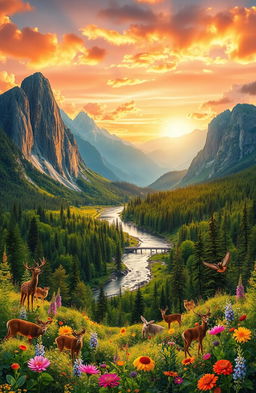 A stunning depiction of the world around us, showcasing a vibrant, lush landscape featuring diverse natural elements such as tall, majestic mountains, a serene river winding through a picturesque valley, and lush green forests rich with wildlife
