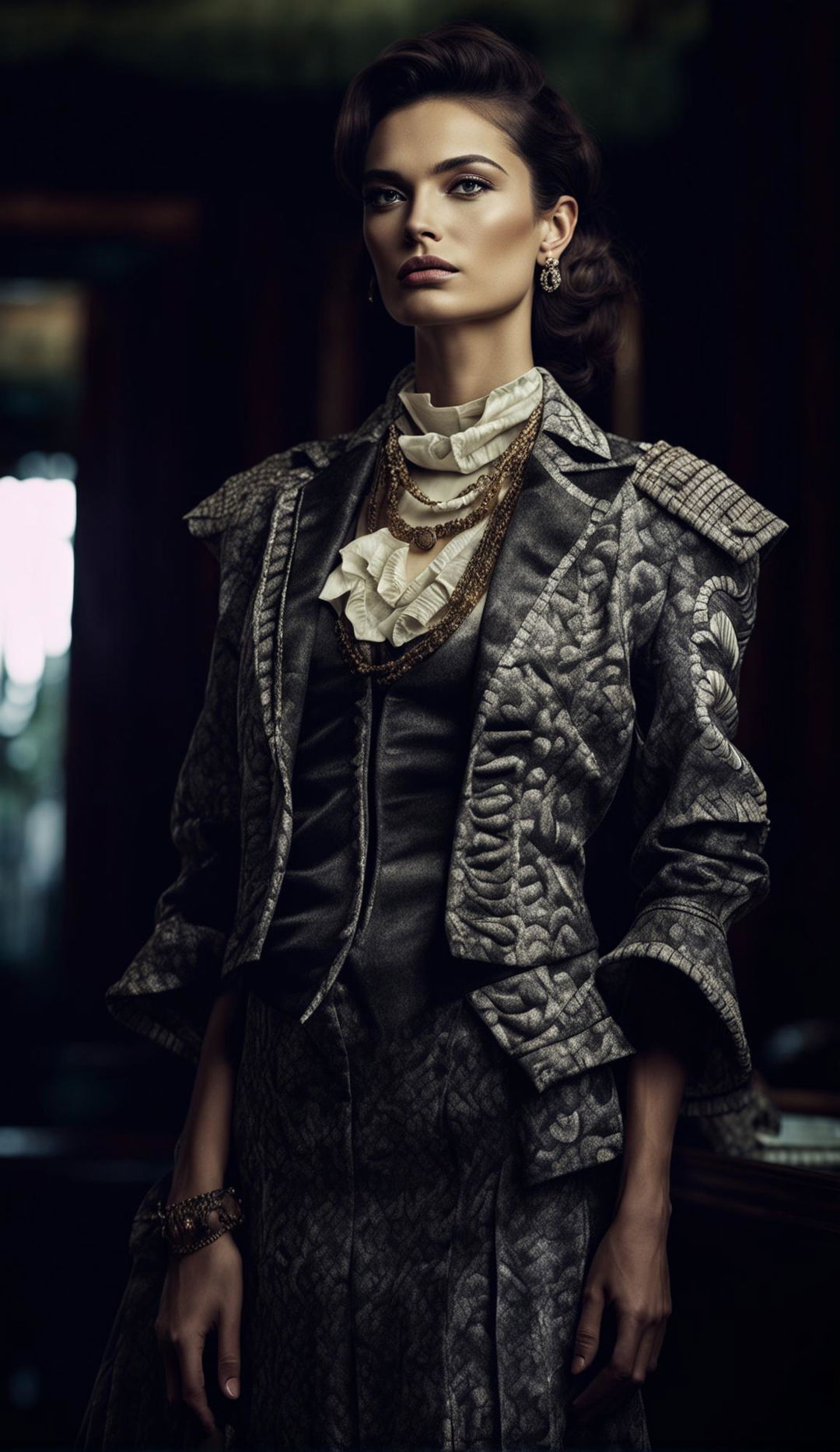 A high fashion photograph featuring a female model in a modern old money inspired outfit. The image has an intense composition with dramatic lighting, taken from a distance with a 200mm lens for an editorial magazine photoshoot vibe.