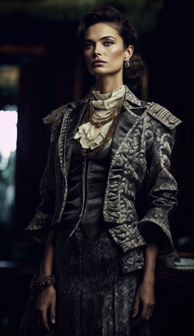 A high fashion photograph featuring a female model in a modern old money inspired outfit. The image has an intense composition with dramatic lighting, taken from a distance with a 200mm lens for an editorial magazine photoshoot vibe.