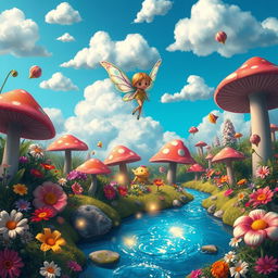 A vibrant and whimsical wonderland filled with colorful flowers, oversized mushrooms, and fantastical creatures