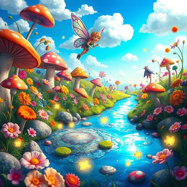 A vibrant and whimsical wonderland filled with colorful flowers, oversized mushrooms, and fantastical creatures