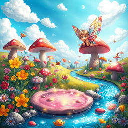 A vibrant and whimsical wonderland filled with colorful flowers, oversized mushrooms, and fantastical creatures