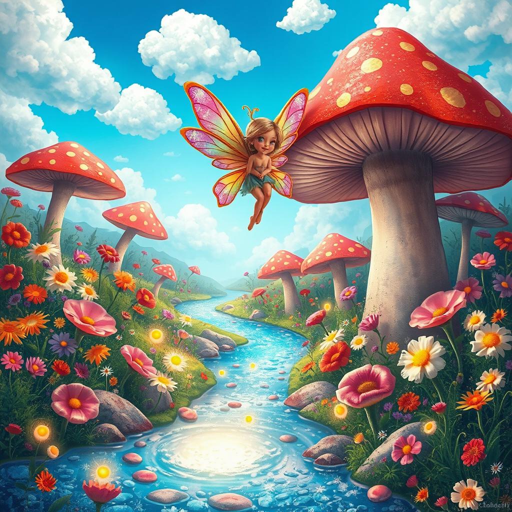 A vibrant and whimsical wonderland filled with colorful flowers, oversized mushrooms, and fantastical creatures