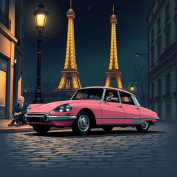 A striking illustration of a pink DS Pallas 21 parked in the enchanting streets of Paris at night