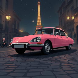 A striking illustration of a pink DS Pallas 21 parked in the enchanting streets of Paris at night