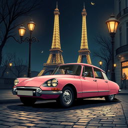 A striking illustration of a pink DS Pallas 21 parked in the enchanting streets of Paris at night