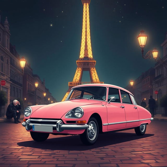 A striking illustration of a pink DS Pallas 21 parked in the enchanting streets of Paris at night