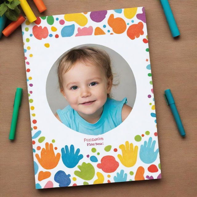 Design an A4 cover for a preschool child's portfolio with a vibrant and playful theme. Incorporate areas for the child's first name and a placement for a photograph. Add editable labels for customization.