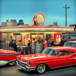 A nostalgic scene from the 1950s, featuring a classic American diner with chrome accents and neon lights