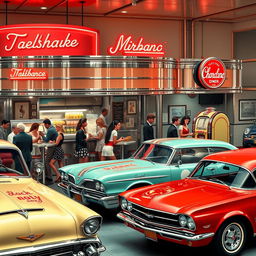 A nostalgic scene from the 1950s, featuring a classic American diner with chrome accents and neon lights
