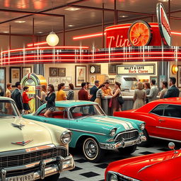 A nostalgic scene from the 1950s, featuring a classic American diner with chrome accents and neon lights