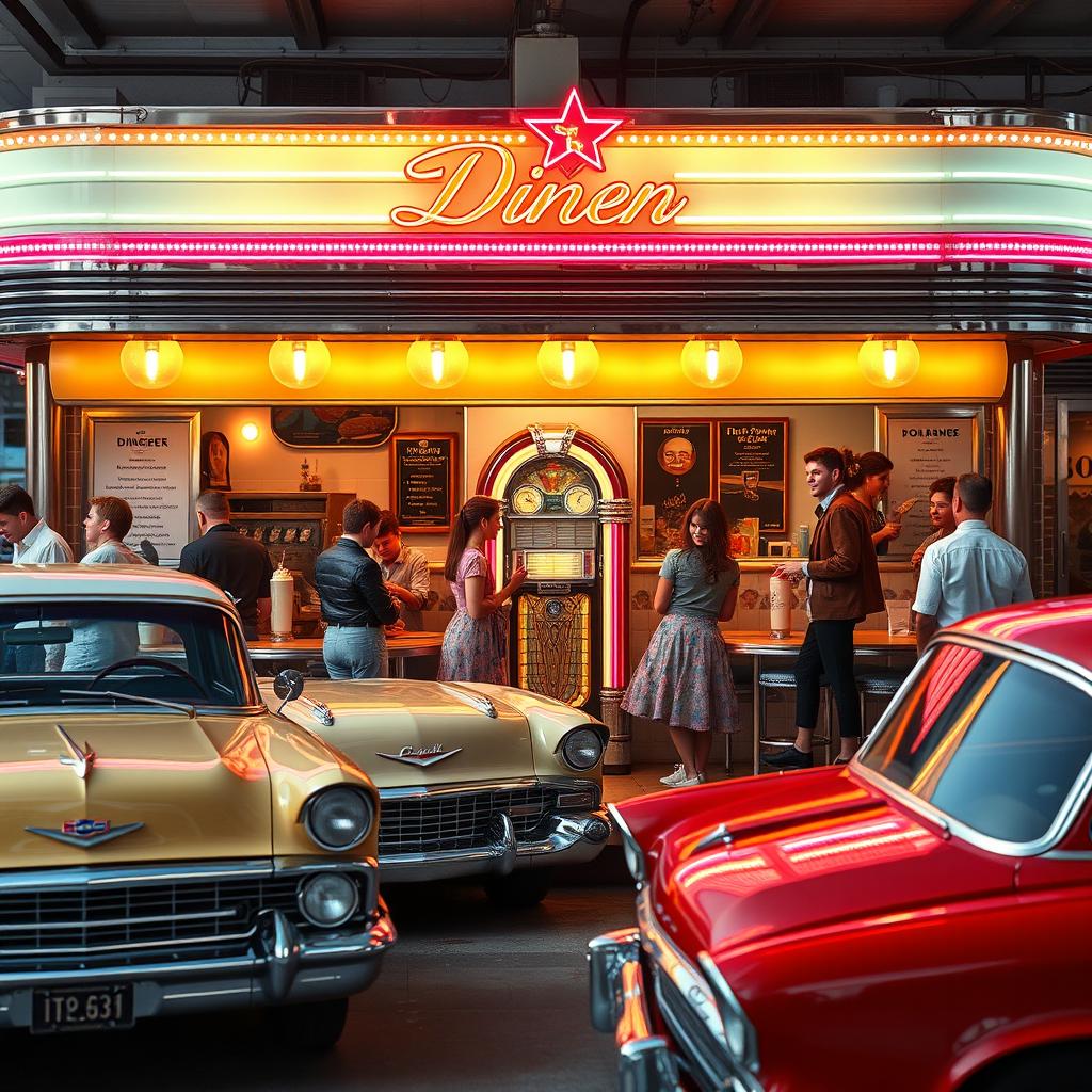 A nostalgic scene from the 1950s, featuring a classic American diner with chrome accents and neon lights