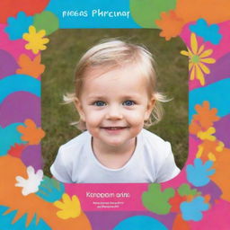 Design an A4 cover for a preschool child's portfolio with a vibrant and playful theme. Incorporate areas for the child's first name and a placement for a photograph. Add editable labels for customization.