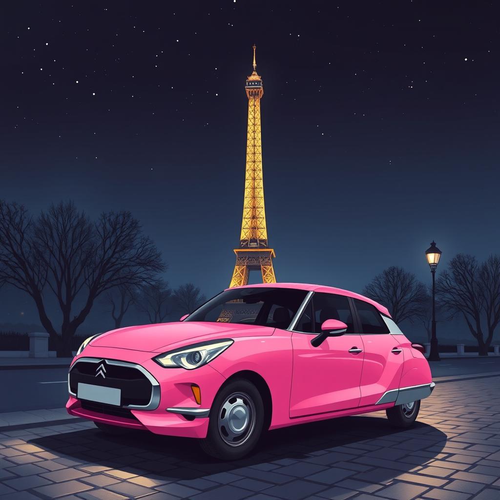 A stunning illustration of a pink DS Pallas 21 beautifully parked at the foot of the illuminated Eiffel Tower at night