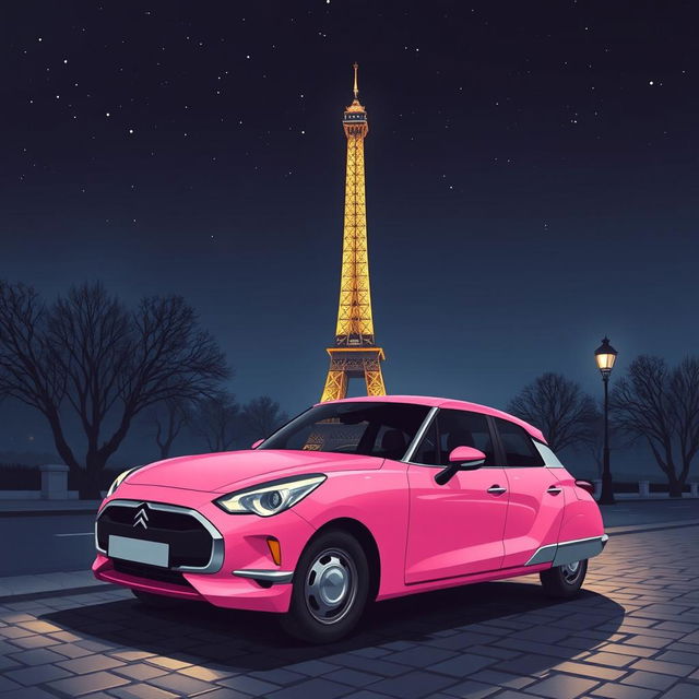 A stunning illustration of a pink DS Pallas 21 beautifully parked at the foot of the illuminated Eiffel Tower at night