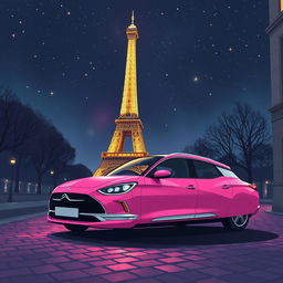 A stunning illustration of a pink DS Pallas 21 beautifully parked at the foot of the illuminated Eiffel Tower at night