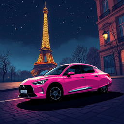 A stunning illustration of a pink DS Pallas 21 beautifully parked at the foot of the illuminated Eiffel Tower at night
